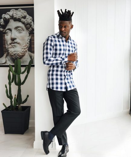 A White, navy & sky blue checkerboard English spread collar business shirt.
