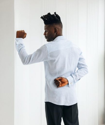A White & Sky Blue Pencil Stripe Linen Casual Shirt.