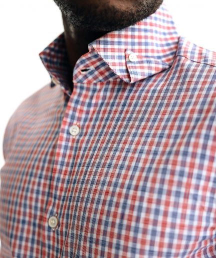 An Orange, blue & white plaid check with a high collar with a turn-up casual shirt.