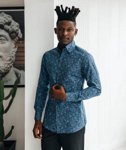 A Blue, print, high neck with turn-up collar casual shirt.