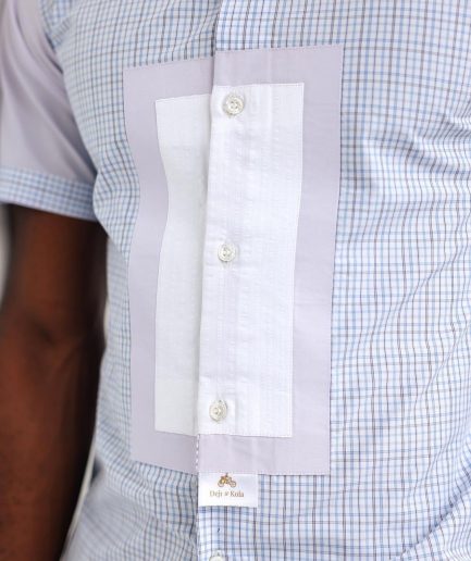 A Short sleeve, boxed layered lilac and white, check casual shirt.
