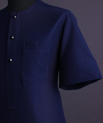 A Midnight blue, broken square pattern, Jorgecarli, front flap with black Swarovski button, 3/4 sleeve African senator Kaftan native.
