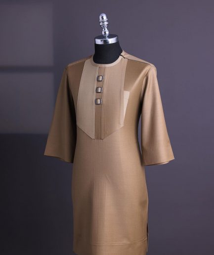 A Tortilla brown, invisible zip, black connected metal tag, 3/4 sleeve traditional african senator kaftan native.
