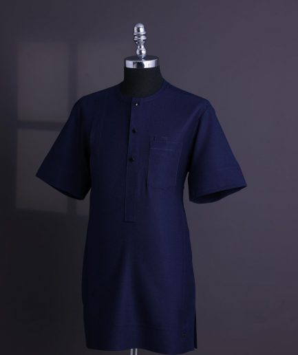 A Midnight blue, broken square pattern, Jorgecarli, front flap with black Swarovski button, 3/4 sleeve African senator Kaftan native.