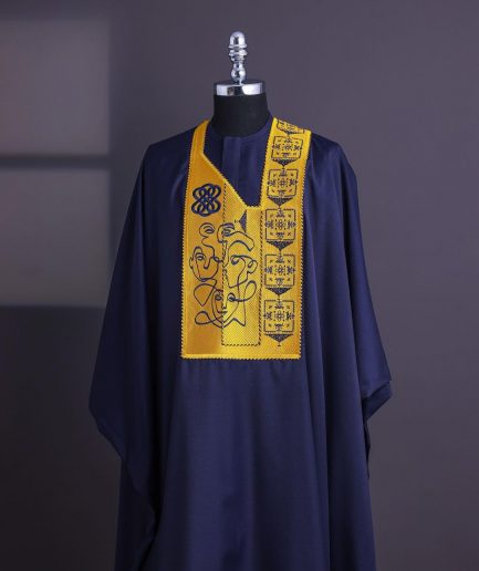A Navy Blue, Hidden Faces Embroidery Details Agbada