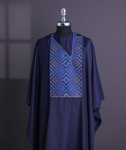 A Navy Blue, perspective square with keke Elemu embroidery details Agbada