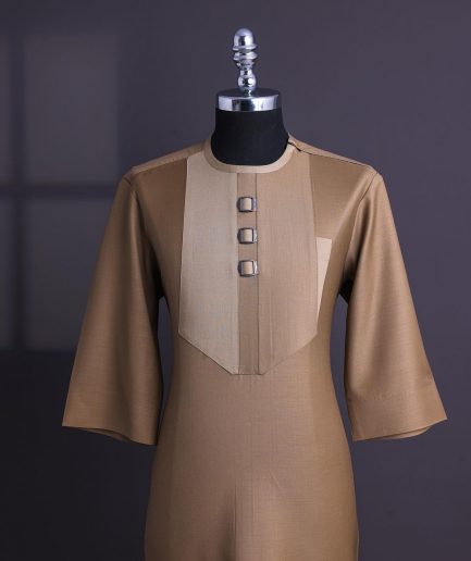 A Tortilla brown, invisible zip, black connected metal tag, 3/4 sleeve traditional african senator kaftan native.