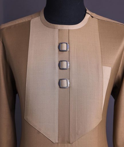 A Tortilla brown, invisible zip, black connected metal tag, 3/4 sleeve traditional african senator kaftan native.