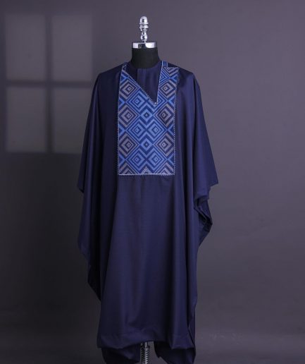A Navy Blue, perspective square with keke Elemu embroidery details Agbada