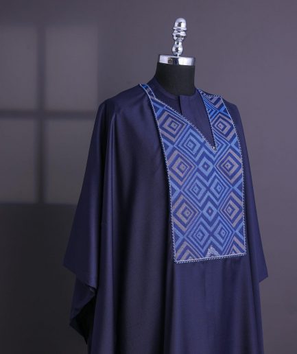 A Navy Blue, perspective square with keke Elemu embroidery details Agbada