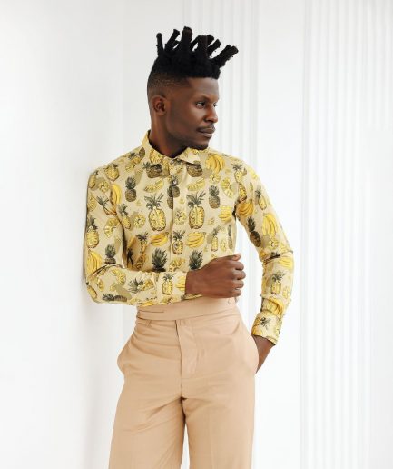 A Brown, beach plant prints vintage club collar casual shirt.