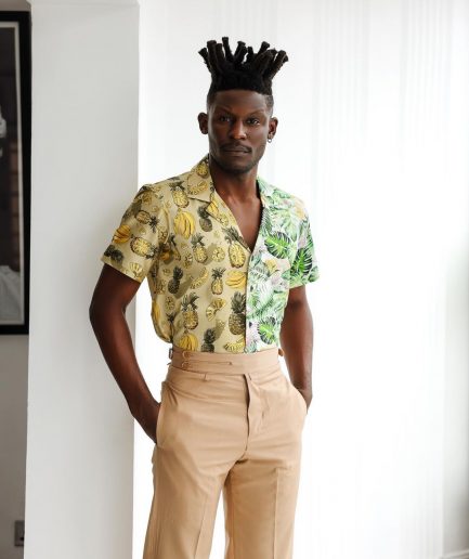 A Half-cut, brown beach plants prints, green mixed prints vintage club collar casual shirt.