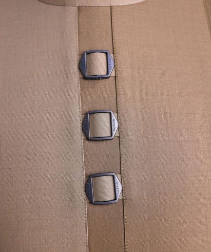 A Tortilla brown, invisible zip, black connected metal tag, 3/4 sleeve traditional african senator kaftan native.