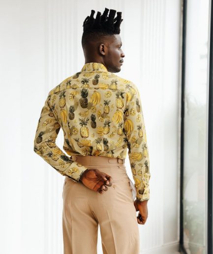 A Brown, beach plant prints vintage club collar casual shirt.