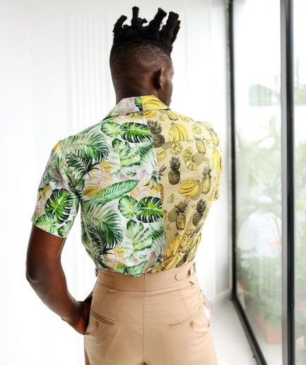 A Half-cut, brown beach plants prints, green mixed prints vintage club collar casual shirt.