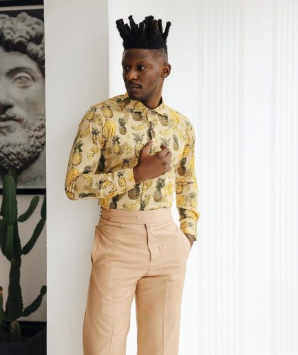A Brown, beach plant prints vintage club collar casual shirt.