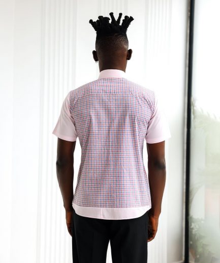 A Plaid check, pink and white seersucker mix casual shirt.