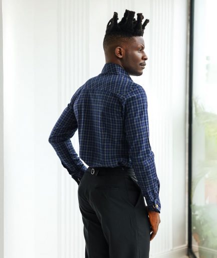 A Navy blue plaid check, high collar business shirt.