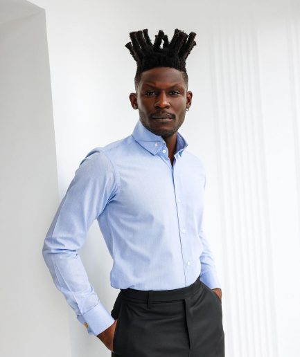 A Navy blue, herringbone high and slant collar business shirt.