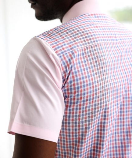A Plaid check, pink and white seersucker mix casual shirt.