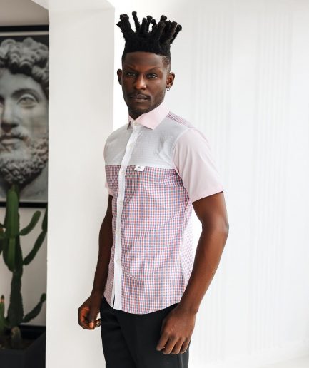 A Plaid check, pink and white seersucker mix casual shirt.