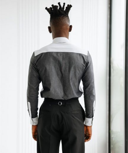A Charcoal grey & light grey presidential spread collar casual shirt.