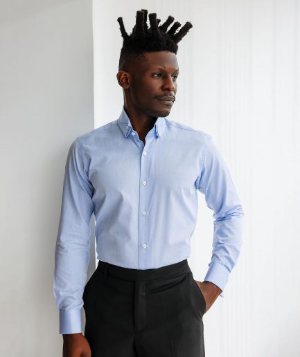 A Navy blue, herringbone high and slant collar business shirt.