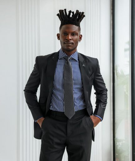 A Charcoal Black, Knitted, Peak Lapel Suit