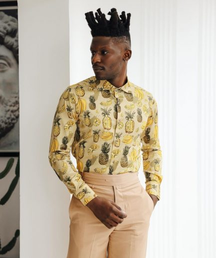 A Brown, beach plant prints vintage club collar casual shirt.