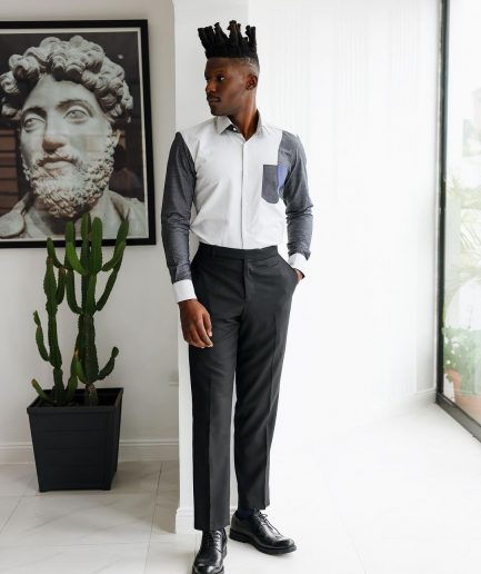 A Charcoal grey & light grey presidential spread collar casual shirt.