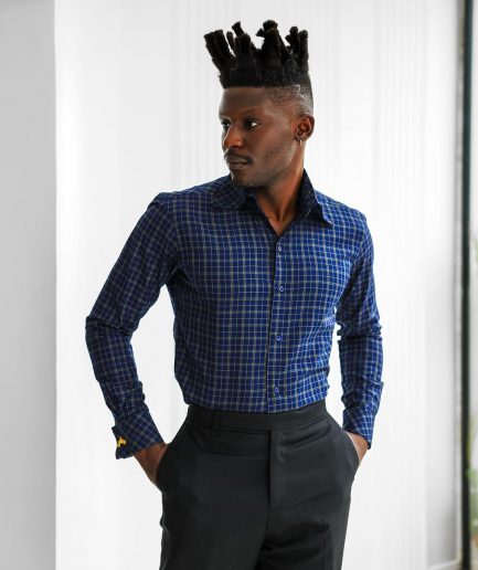 A Navy blue plaid check, high collar business shirt.