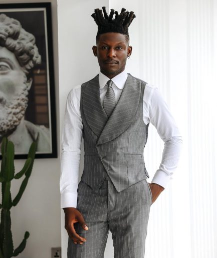 A Light Grey, Ivory Pencil Stripe, Jorgecarli, Knitted, Peak Lapel Suit