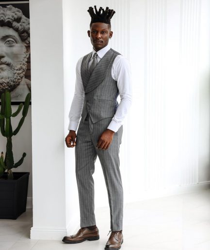 A Grey and ivory white pencil stripe, double-breasted shawl lapel waistcoat.