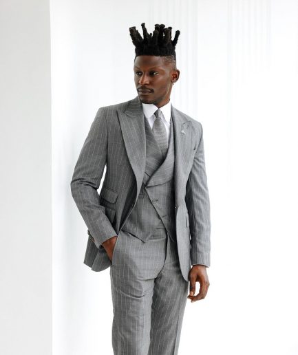 A Light Grey, Ivory Pencil Stripe, Jorgecarli, Knitted, Peak Lapel Suit
