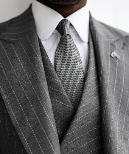 A Light Grey, Ivory Pencil Stripe, Jorgecarli, Knitted, Peak Lapel Suit