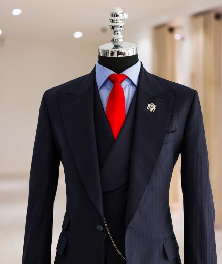 A Navy Blue, Knitted, Peak Lapel, Nobility, Invisible Stripe Suit.