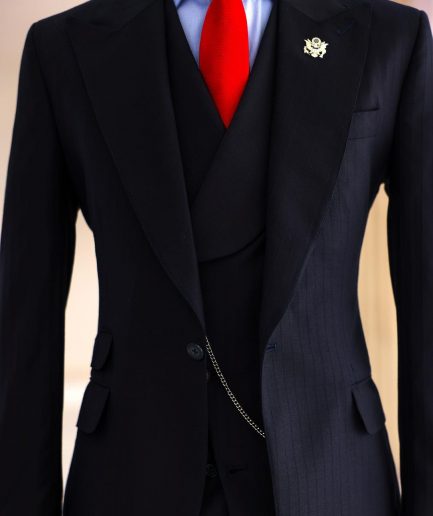 A Navy Blue, Knitted, Peak Lapel, Nobility, Invisible Stripe Suit.