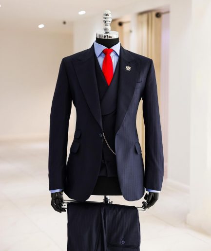 A Navy Blue, Knitted, Peak Lapel, Nobility, Invisible Stripe Suit.
