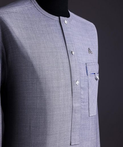 A Light Steel Grey, Super 140s Nobility Curved Combat Pocket with Silver Swarovski Button, Long Sleeve Traditional African Senator Kaftan Native.