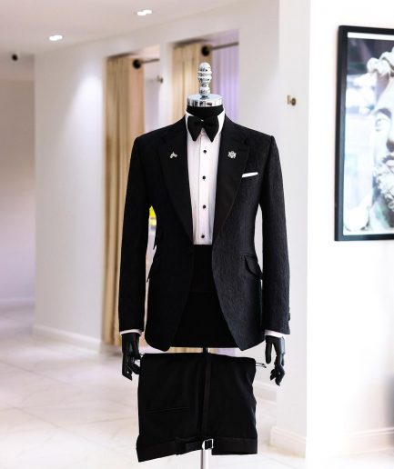 A Charcoal Black Floral Jacquard Notch Lapel Tuxedo Suit