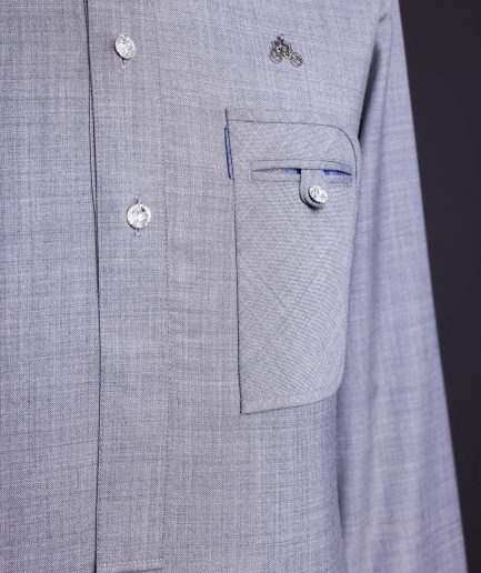 A Light Steel Grey, Super 140s Nobility Curved Combat Pocket with Silver Swarovski Button, Long Sleeve Traditional African Senator Kaftan Native.