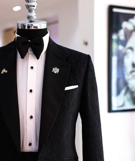 A Charcoal Black Floral Jacquard Notch Lapel Tuxedo Suit