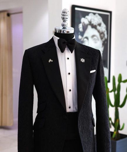 A Charcoal Black Floral Jacquard Notch Lapel Tuxedo Suit