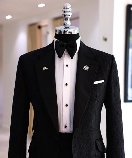 A Charcoal Black Floral Jacquard Notch Lapel Tuxedo Suit