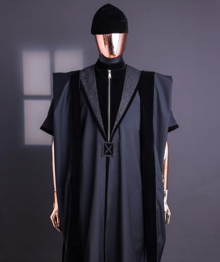 A Charcoal Black, Vehicular Lapelled with Zip Line Flap & Velvet Mix Embroidery Design Details Agbada.