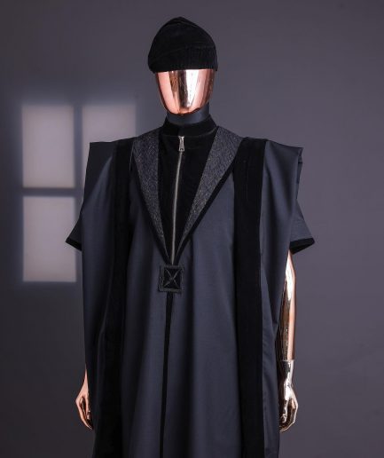 A Charcoal Black, Vehicular Lapelled with Zip Line Flap & Velvet Mix Embroidery Design Details Agbada.