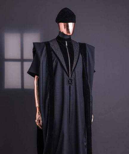 A Charcoal Black, Vehicular Lapelled with Zip Line Flap & Velvet Mix Embroidery Design Details Agbada.