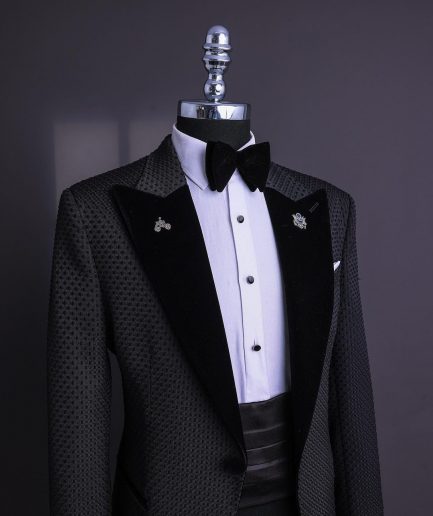 A Charcoal Black Dotted Floral Jacquard Peak Lapel Tuxedo Suit