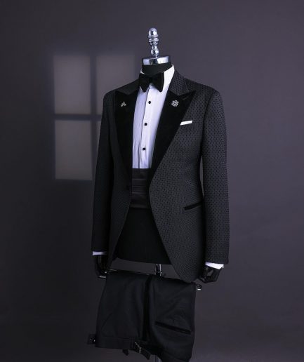 A Charcoal Black Dotted Floral Jacquard Peak Lapel Tuxedo Suit