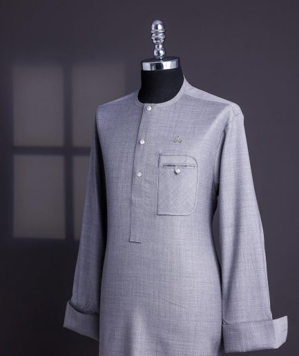 A Light Steel Grey, Super 140s Nobility Curved Combat Pocket with Silver Swarovski Button, Long Sleeve Traditional African Senator Kaftan Native.